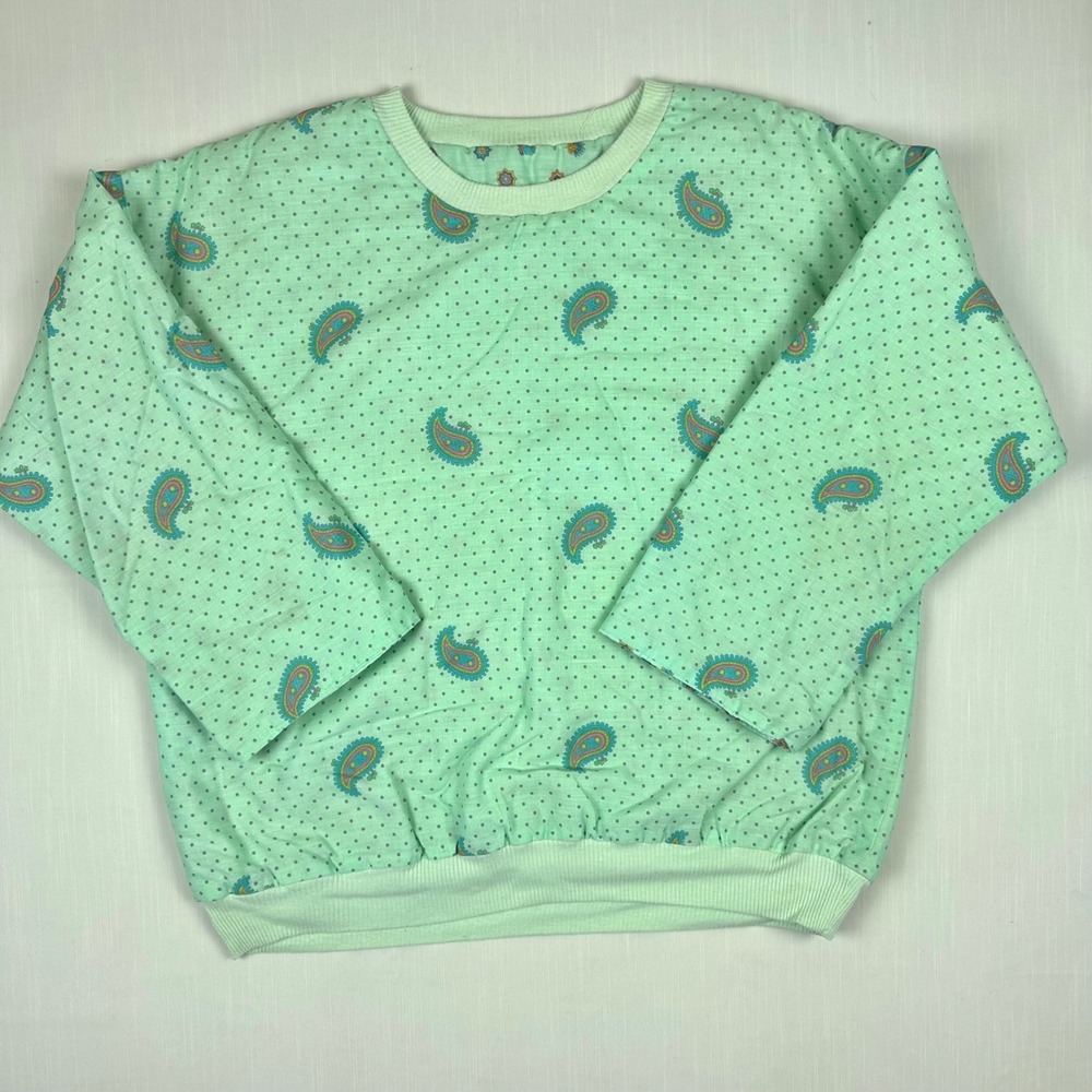 Vintage Reversible Quilted Pullover Top Mint Green Paisley Polka Dot Floral
